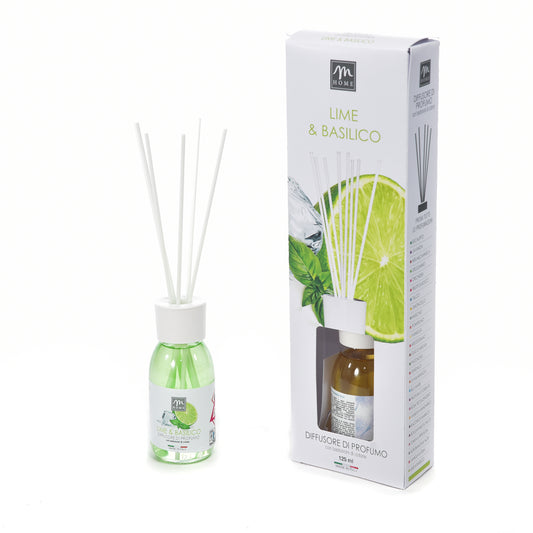 DIFFUSORE DI PROFUMO CON BASTONCINI DI COTONE "BOUQUET" 125 ML LIME E BASILICO
