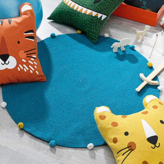 TAPIS CHAMBRE ENFANT ROND 90CM AVEC POMPON DE FÊTE BLEU