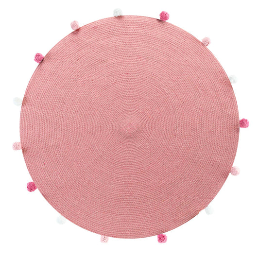 TAPIS CHAMBRE ENFANT ROND 90CM AVEC POMPON ROSE PARTY