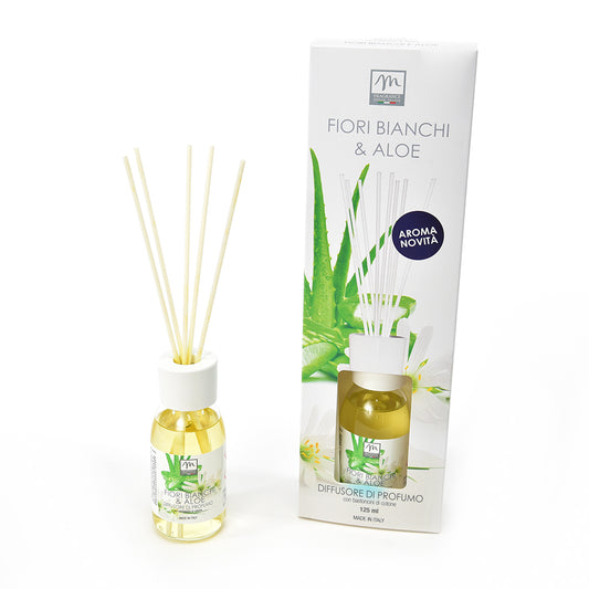 DIFFUSORE DI PROFUMO CON BASTONCINI DI COTONE "BOUQUET" 125 ML ALOE & FIORI BIANCHI