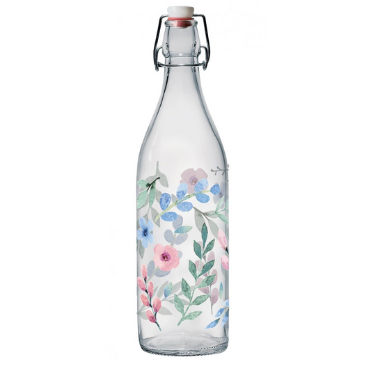 LORY 1LT GLASFLASCHE MIT WEISSEM DEKORVERSCHLUSS KLEINER GARTEN