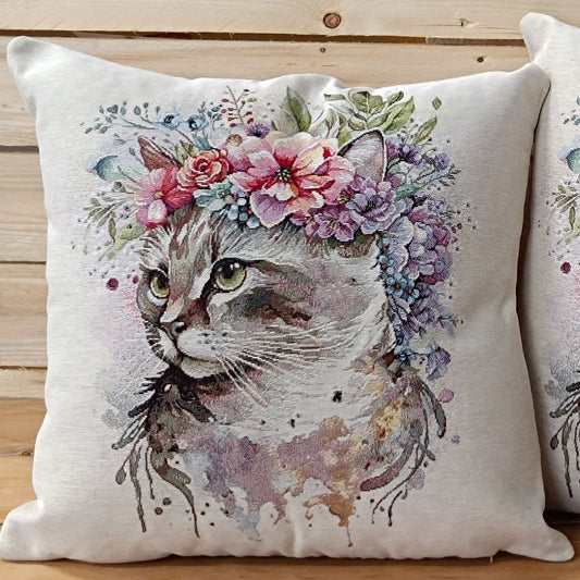 FEDERA CUSCINO 45*45 CM GOBELIN GATTO CON FIORI